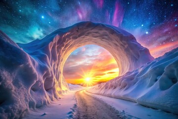 Glowing ethereal snow tunnel vibrant pastel polar landscape surreal dreams