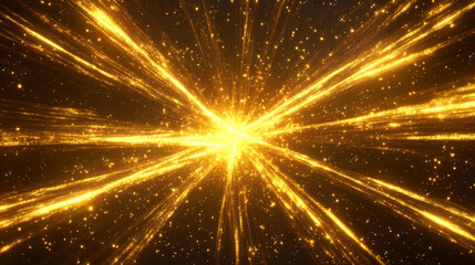 Fototapeta premium Bright glowing golden lines radiating outward from the center of a dark background, creating an energetic, abstract design.