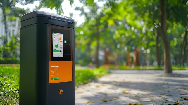 Smart Waste Bin in Park with Mobile App Interface for Tracking and Monitoring Sustainable Technology