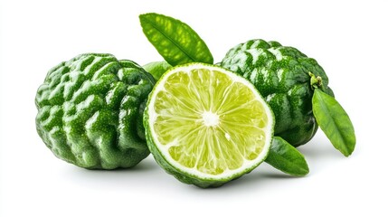 Fototapeta premium High-quality image of green bergamot fruits, with one cut in half, isolated on a clean white background. Ample copy space.