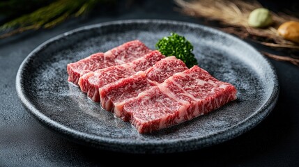 High-quality Japanese Wagyu beef served on a stylish plate, marbled with rich fat. Perfect for food photography, restaurant menus, and cooking content.