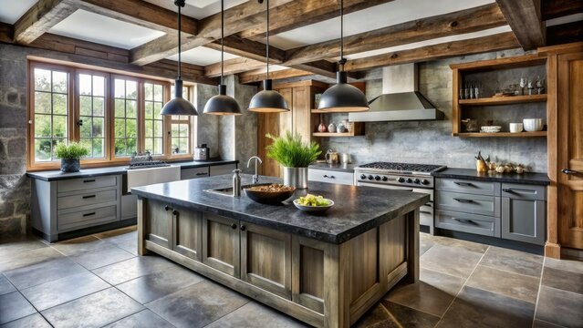 dramatic black soapstone countertop contrasting with cool grey limestone tiles in a rustic kitchen with distressed wood beams and earthy atmosphere