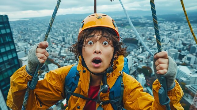 Climber hanging from ropes on urban rooftop with surprised expression, fear of heights concept