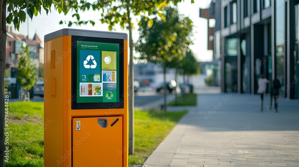 Poster smart bin with digital screen displaying waste reduction tips,promoting sustainable practices