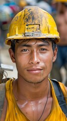 Portrait of a hardworking male construction worker wearing a yellow helmet, sweat on face, close up, dedication concept