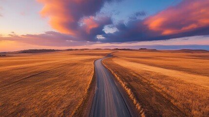 Wide shot of a picturesque road leading through a golden field at sunset, with dramatic sky colors and long shadows