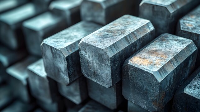 Lead metal bars captured in close-up photography, showcasing dull gray surfaces and industrial raw materials with environmental hazard symbolism in a macro detail style.