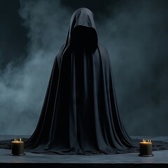 Mysterious hooded figure in black cloak, with candles in dark, foggy atmosphere, darkness and mystery concept