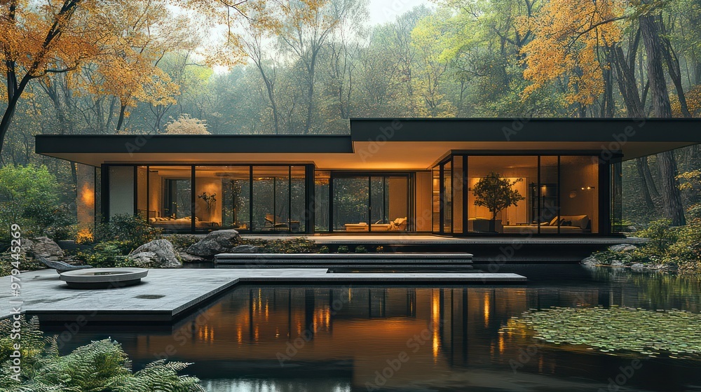 Poster a large house with a pool and a garden