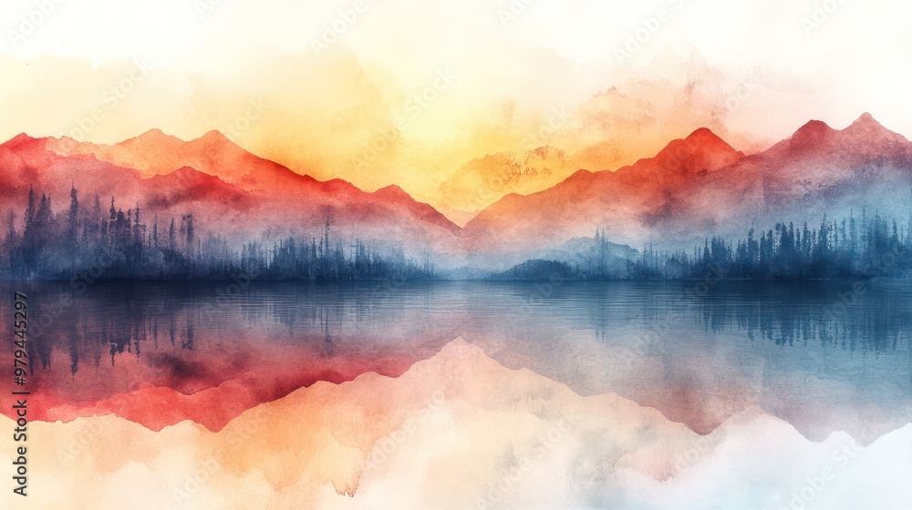 Aufkleber a painting of a mountain range with a lake in the foreground