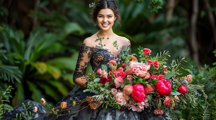 Beautiful bride holding floral bouquet in garden, elegant wedding attire, vibrant flowers, smiling bride, wedding concept