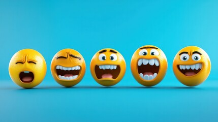 A row of five smiling and frowning orange faces