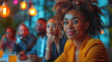 Fototapeta premium A confident woman with glasses smiling at a business meeting, surrounded by colleagues in a modern, warmly lit office space.