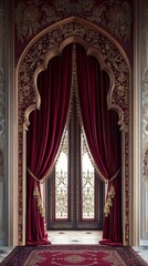 Obraz premium Opulent Burgundy Velvet Curtains with Exquisite Gold Embroidery Framing a Magnificent Palace Window Epitomizing Luxurious Living and Palatial Elegance