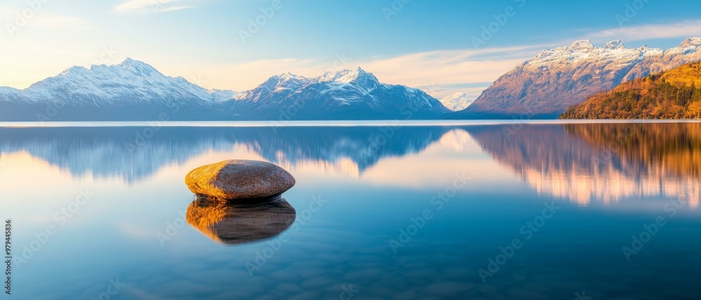 Aufkleber serene minimalist lake scene with smooth reflective surfaces emphasizing tranquility and simplicity 