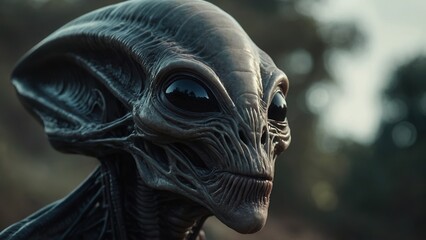 Alien spacecraft makes a soft landing in a secluded spot, with clear details of its design and occupant