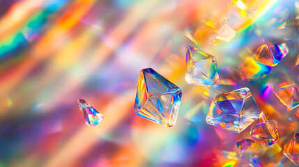 Floating crystalline prisms refract beams of light into vibrant rainbow hues, casting intricate, colorful patterns on a soft, gradient background.