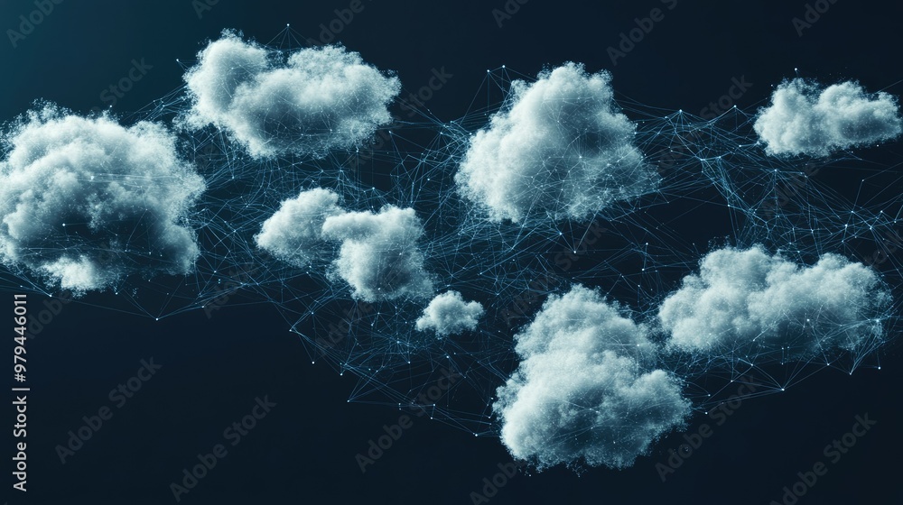 Poster a collection of clouds in various dimensions (2d/3d), demonstrating multi-cloud network connectivity