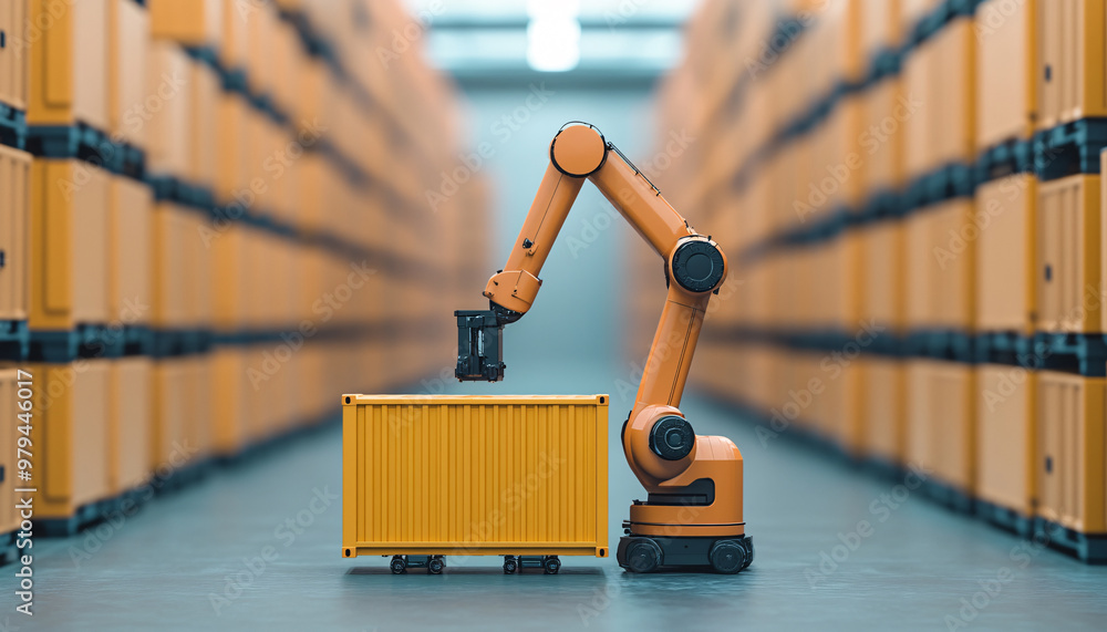 Poster a robotic arm efficiently handling a yellow container in a modern warehouse filled