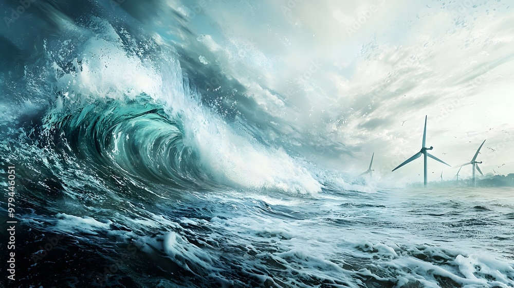 Aufkleber interpretation of wave power technology with abstract waves and turbines