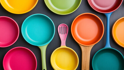 A vibrant collection of colorful frying pans arranged neatly, showcasing innovative kitchen tools