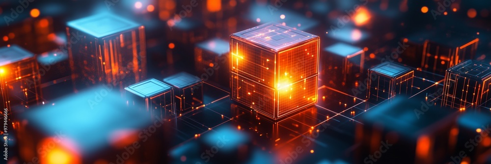 Poster abstract futuristic background with cubes in space, glowing and sparkling elements