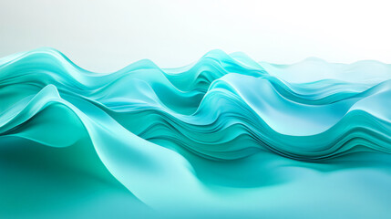 Obraz premium Fluid 3D waves in shades of teal and turquoise, rippling smoothly across a soft white backdrop, with light reflections enhancing the sense of movement and depth.