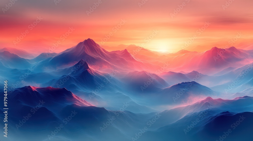 Poster a mountain range with a beautiful sunset in the background