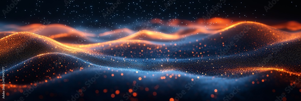Poster abstract background with dark blue waves and glowing hexagons forming an interconnected network of l