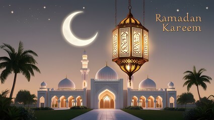 "Ramadan Kareem" with a tranquil mosque and lantern, featuring a crescent moon against a serene evening background and a beautifully glowing lantern.