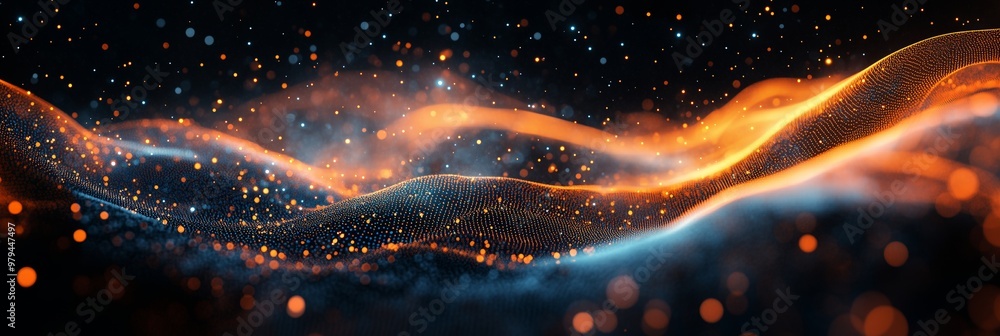 Poster abstract background with glowing particles and dots in the shape of waves on a dark black background