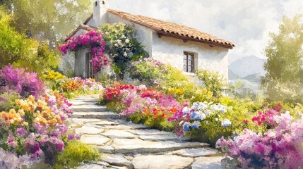 Obraz premium Charming cottage surrounded by vibrant flowers and lush greenery, showcasing a picturesque garden path leading to the home.