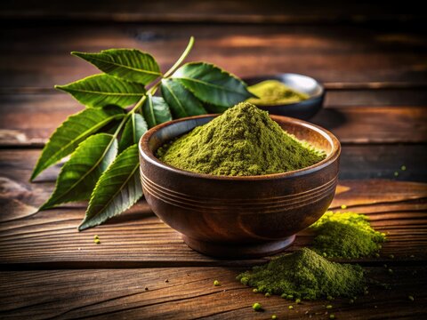 Moody product photography of guduchi and neem powder blend in small ceramic bowl on dark wooden table with dramatic shadows and high-contrast lighting.