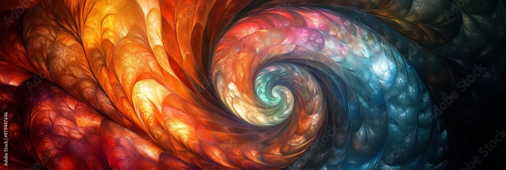 Poster abstract digital art of colorful mosaic spirals and curves, representing the complexity and beauty i