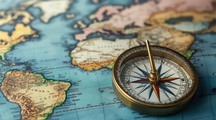 Antique compass needle pointing to an unexplored region on a detailed world map