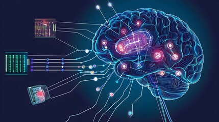 Brain-Computer Interface Diagram Showcasing Neural Pathways and Digital Signals