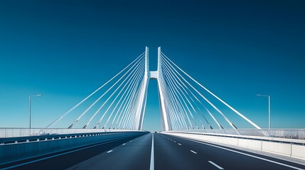 Fototapeta premium A modern cable-stayed bridge under a bright blue sky, characterized by white suspension cables and a symmetrical design, highlighting its architectural beauty in a sunlit environment.