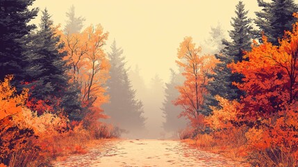 Forest trail bordered by vibrant autumn colors on a solid light brown background.