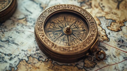 Obraz premium Close-up of a compass with intricate engravings, lying on a map with faded ink lines