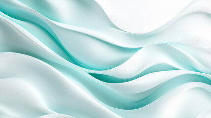 Fluid, organic 3D waves in a soft teal gradient, rippling gently across a smooth white background with delicate light reflections and shadows.