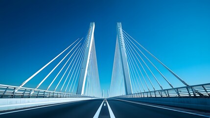 Fototapeta premium A modern cable-stayed bridge under a bright blue sky, characterized by white suspension cables and a symmetrical design, highlighting its architectural beauty in a sunlit environment.