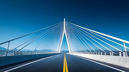 Obraz premium A modern cable-stayed bridge under a bright blue sky, characterized by white suspension cables and a symmetrical design, highlighting its architectural beauty in a sunlit environment.
