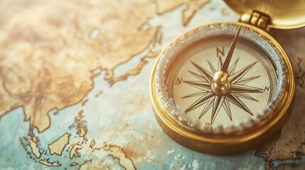 Close-up of a vintage compass needle pointing north on a faded world map, soft warm light