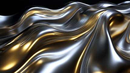 Futuristic 3D waves in metallic gold and silver, flowing across a deep black background with reflective surfaces casting intricate light patterns and shadows.