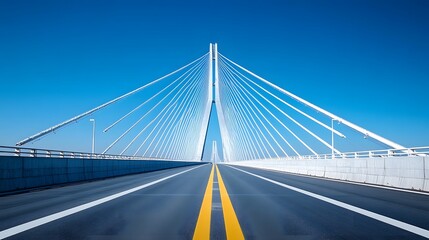 A modern cable-stayed bridge under a bright blue sky, characterized by white suspension cables and a symmetrical design, highlighting its architectural beauty in a sunlit environment.