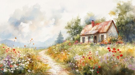 Charming countryside house surrounded by colorful wildflowers and lush greenery, creating a serene, picturesque landscape.
