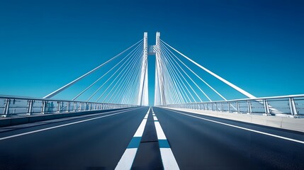 A modern cable-stayed bridge under a bright blue sky, characterized by white suspension cables and a symmetrical design, highlighting its architectural beauty in a sunlit environment.