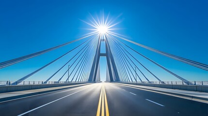 Fototapeta premium A modern cable-stayed bridge under a bright blue sky, characterized by white suspension cables and a symmetrical design, highlighting its architectural beauty in a sunlit environment.