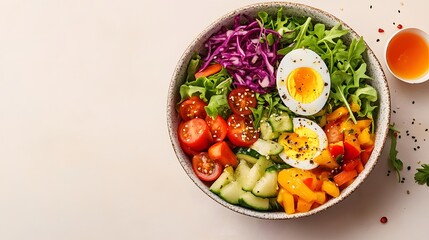 A vibrant salad bowl filled with fresh vegetables and a boiled egg against a light beige...