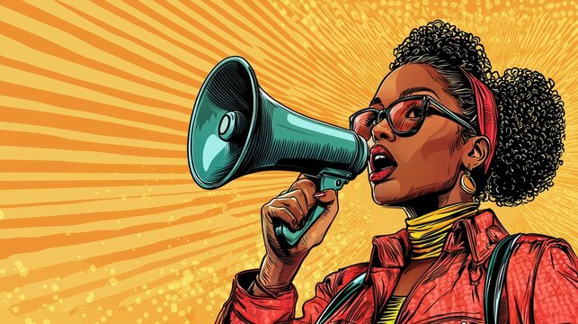 Pop art woman shouting into megaphone with orange background